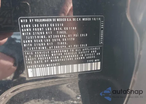 2020 Volkswagen Tiguan 2.0T Se/2.0T Se R-Line Black/2.0T Sel z USA, uszkodzony, nr VIN 3VV2B7AXXLM042671